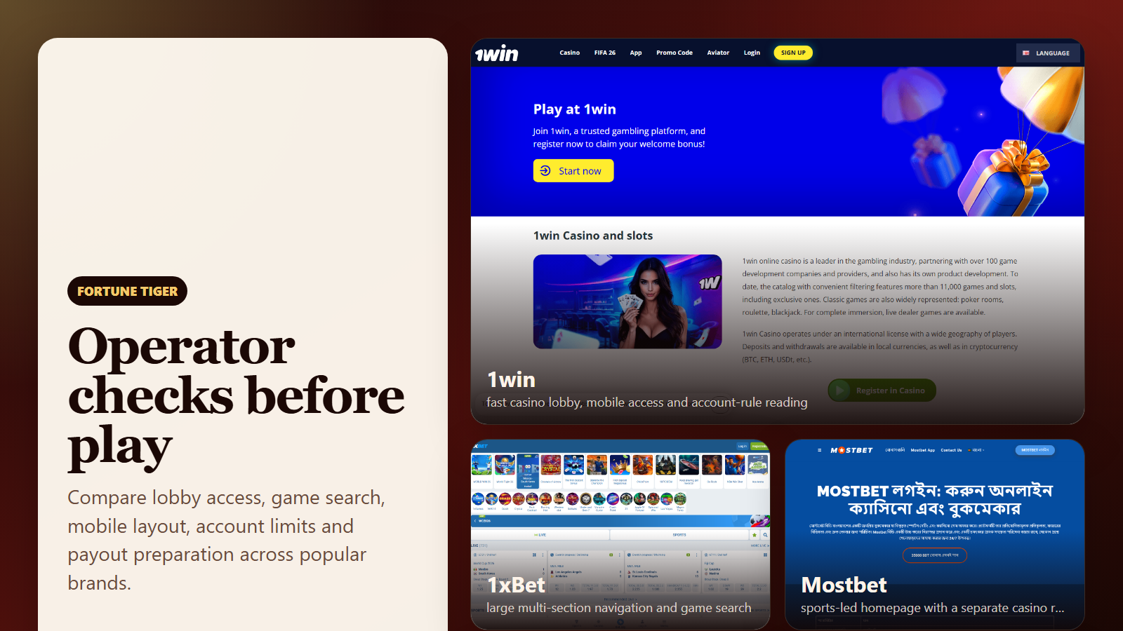 Fortune Tiger operator check collage with real public page screenshots